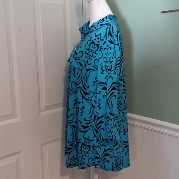 Bepei 2X Long Sleeve Blouse Turquoise Black Paisley Zipper - Picture 6 of 13